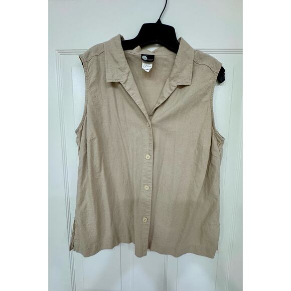 First Option XL women’s linnen blend sleeveless button down tan top - Picture 1 of 5
